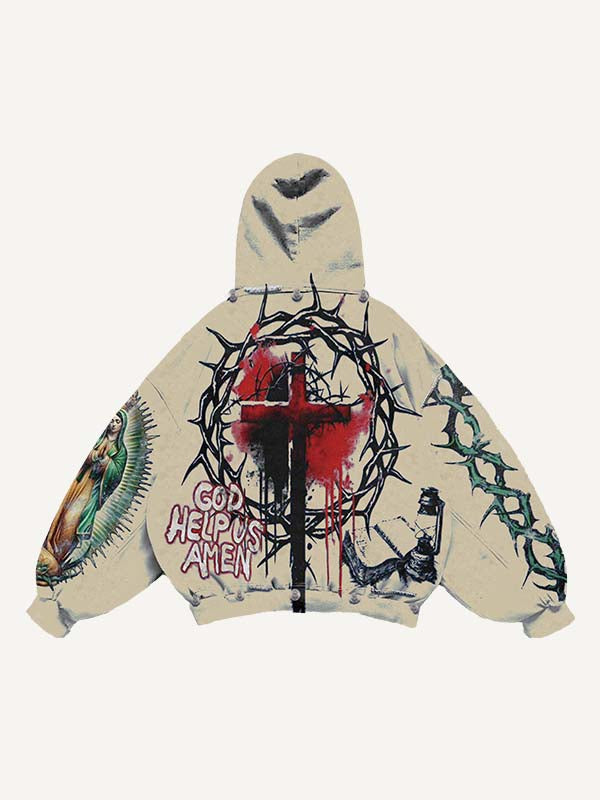 Jesus&Mary&Cross&Letter&Graphic Print Slant Pockets Hoodie