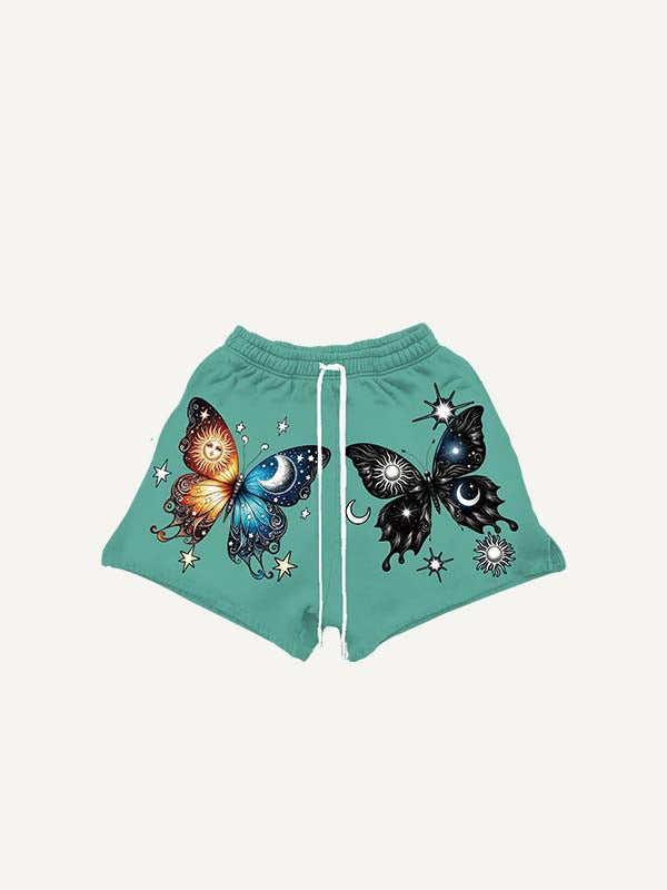Butterfly&Sun&Moon&Graphic Print Drawstring Waist Shorts