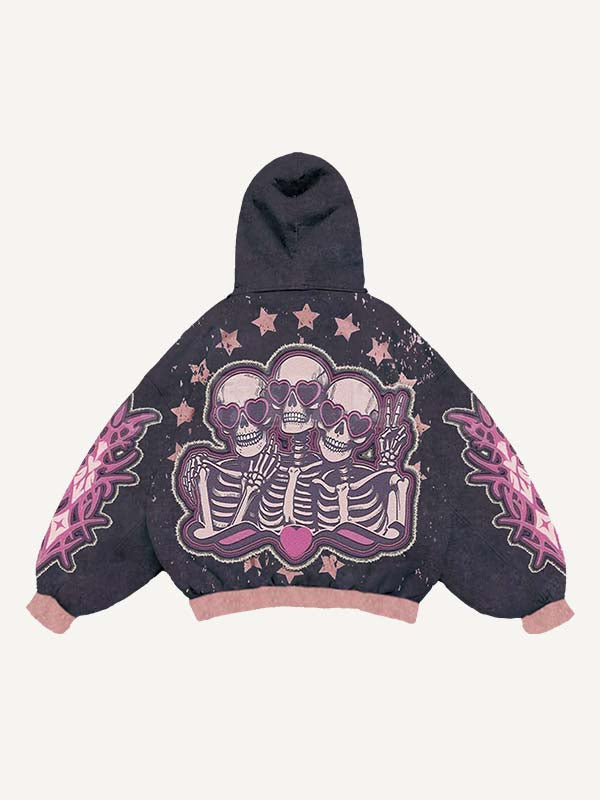 Sudadera con capucha y bolsillos inclinados con estampado gráfico de esqueleto del equipo de corazones y estrellas en bloques de color 