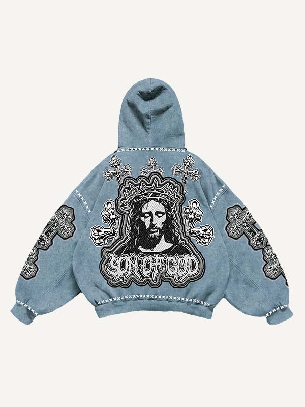 Sudadera con capucha y bolsillos inclinados con estampado de calcomanías falsas de cruz, letra y Jesús 