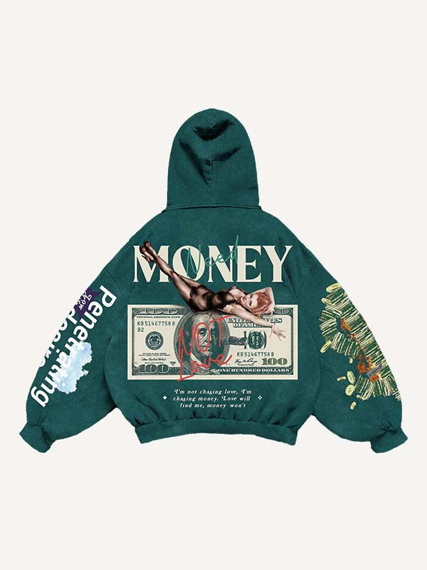 Sudadera con capucha y bolsillos inclinados con estampado de figuras, ciudades, gráficos, dinero y letras 