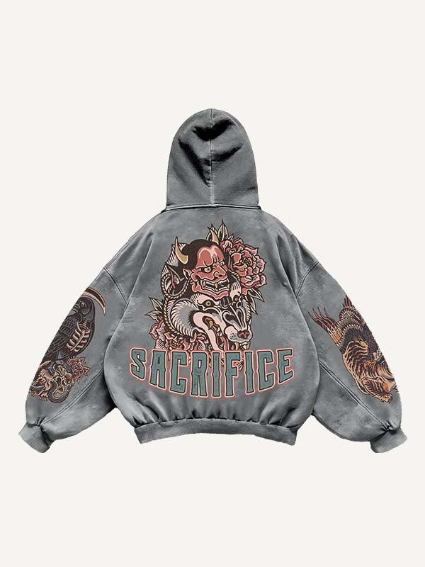 Demon&Animal&Letter Print Slant Pockets Hoodie