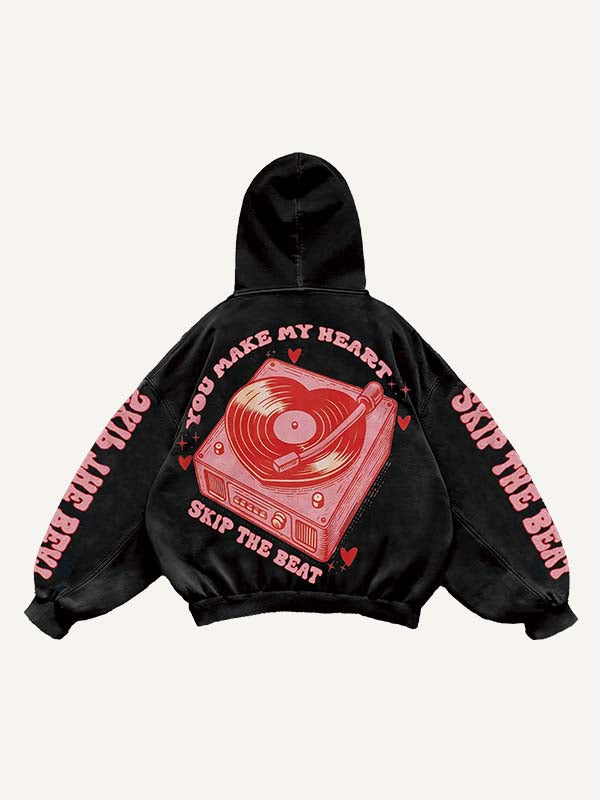 Heart-beating Music Heart&Letter Graphic Print Slant Pockets Hoodie