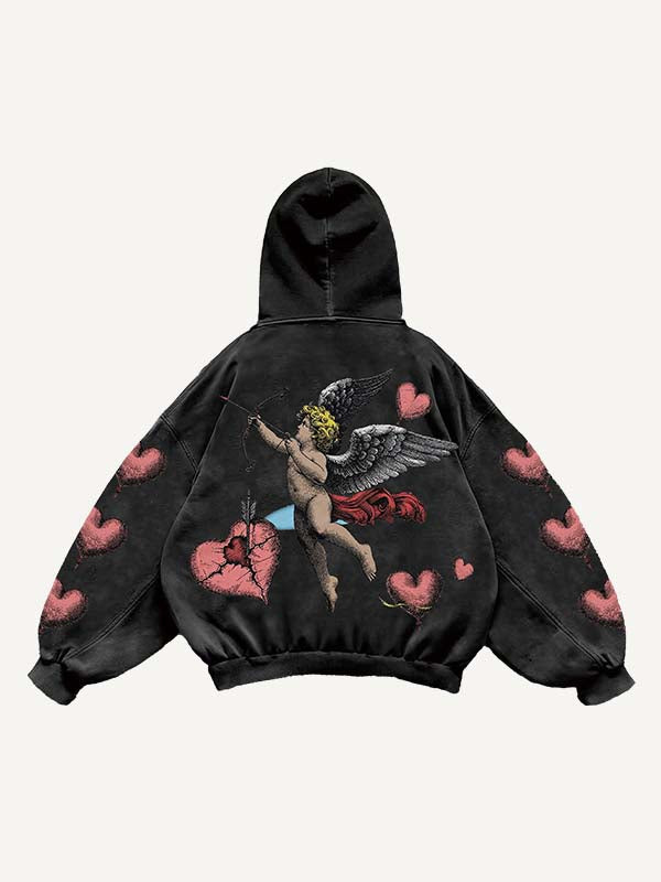 Cupid&Heart Print Slant Pockets Hoodie