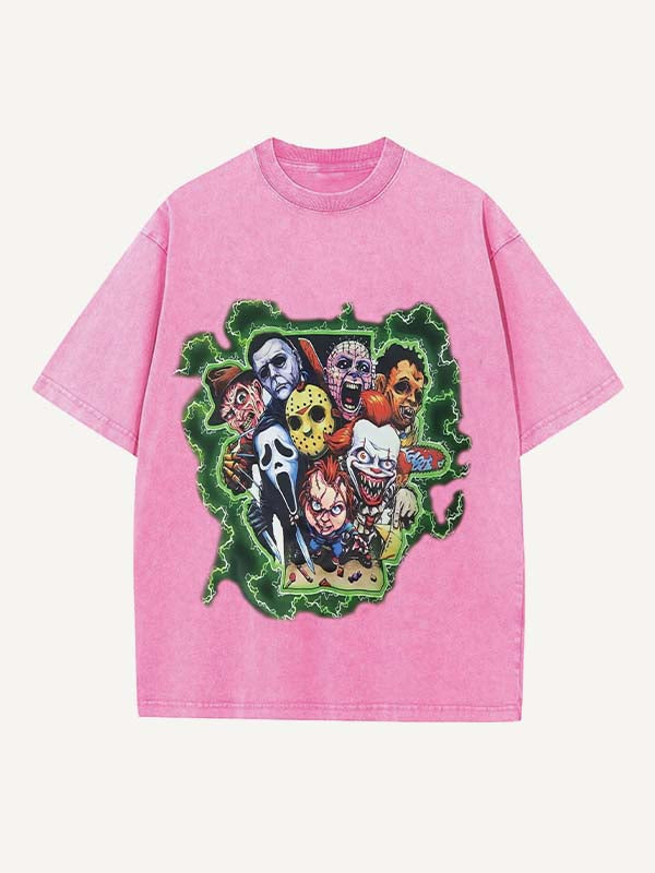 Camiseta de cuello redondo con estampado de terror desgastado y lavado 