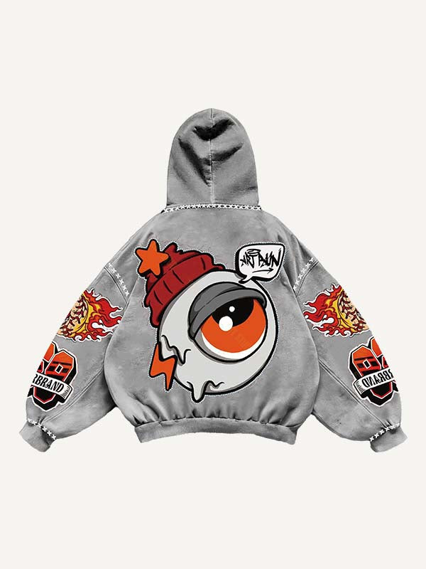 Animal&Eyeball&Graphic&Letter Faux Decal Print Slant Pockets Hoodie