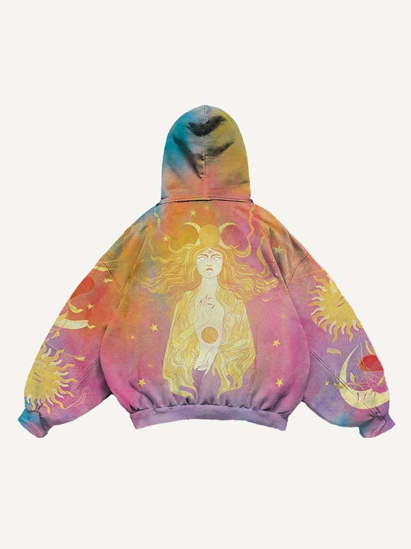 Sudadera con capucha y bolsillos inclinados con estampado de figura, corazón, sol, luna y nubes 