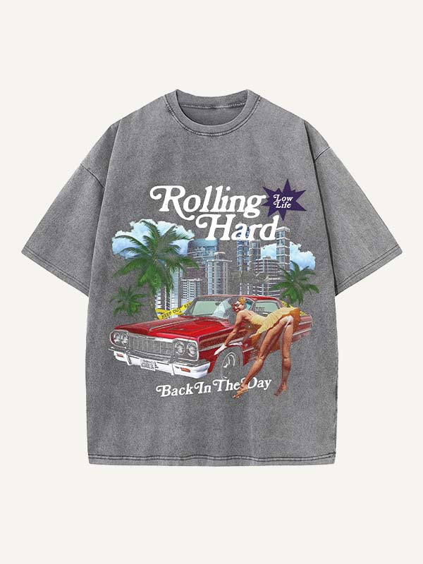 Camiseta de cuello redondo con estampado desgastado de figuras, ciudades, gráficos, dinero y letras 