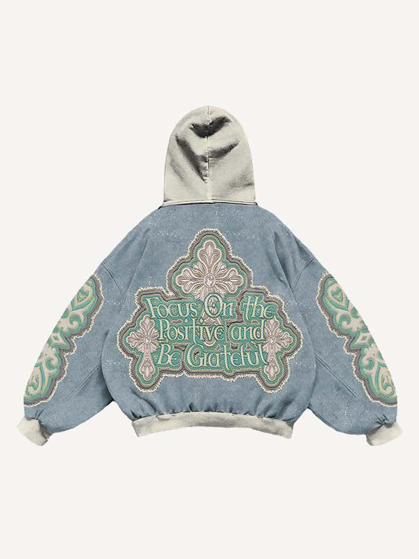 Colorblock Cross&Letter Faux Decal Print Slant Pockets Hoodie