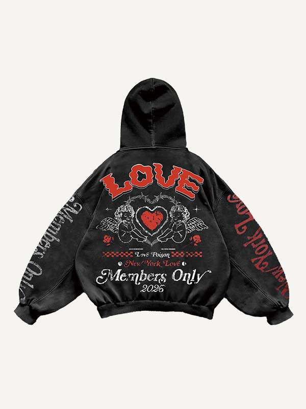 Sudadera con capucha y bolsillos inclinados con estampado de Cupido, flores, corazones y letras 