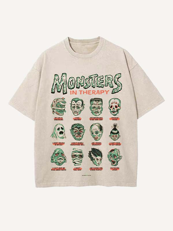 Camiseta de cuello redondo con estampado de terror de Halloween desgastado y lavado