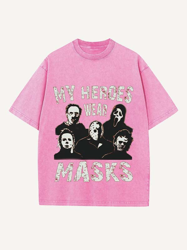 Camiseta de cuello redondo con estampado de terror de Halloween desgastado y lavado 