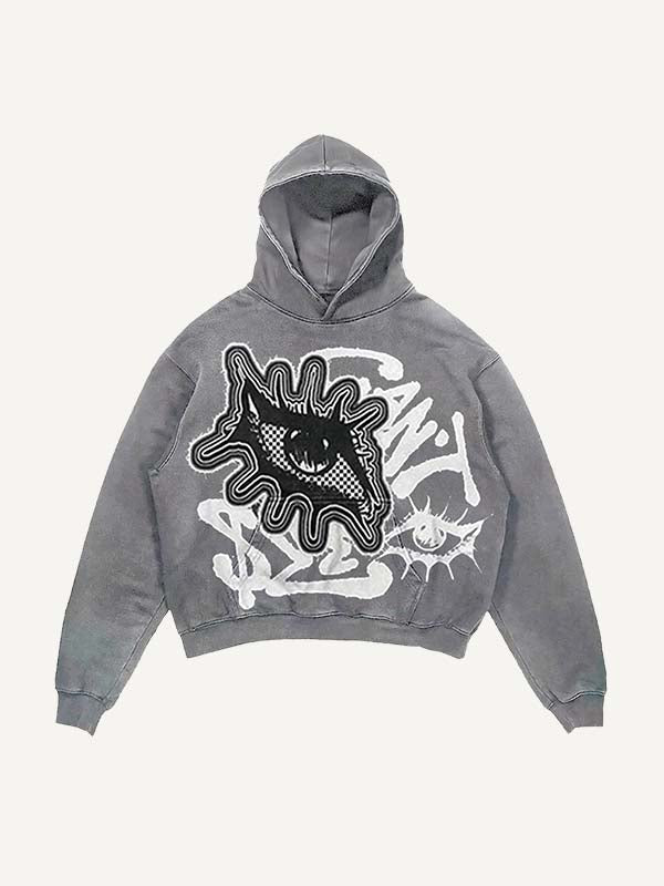 Sudadera con capucha y bolsillos inclinados con estampado de calcomanías falsas de ojos y letras desgastadas 