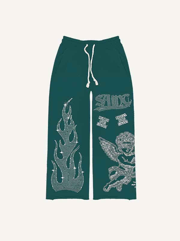 Pantalones con cintura elástica y estampado de pedrería sintética de ángel, fuego y letras 