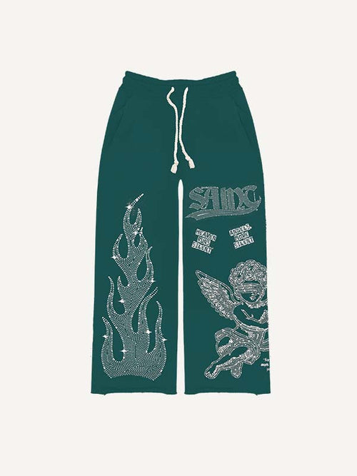 Pantalones con cintura elástica y estampado de pedrería sintética de ángel, fuego y letras 
