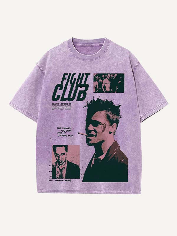 Camiseta de cuello redondo con estampado desgastado, figura lavada, humo y letras 