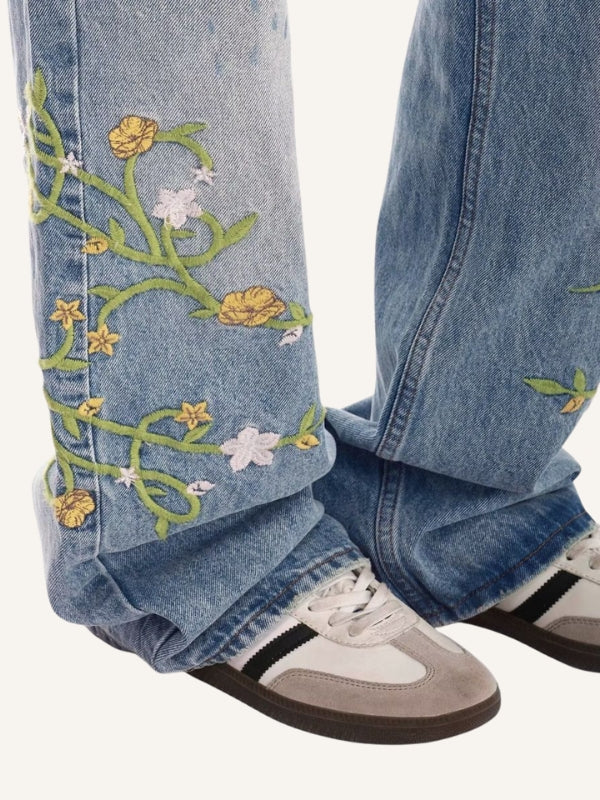 Floral Embroidered Straight Jeans