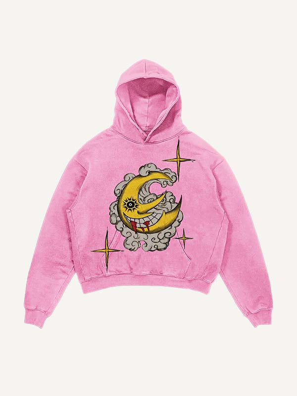 Sudadera con capucha desgastada, lavada, con estampado de luna, sol, estrellas y nubes malvadas y bolsillos inclinados 