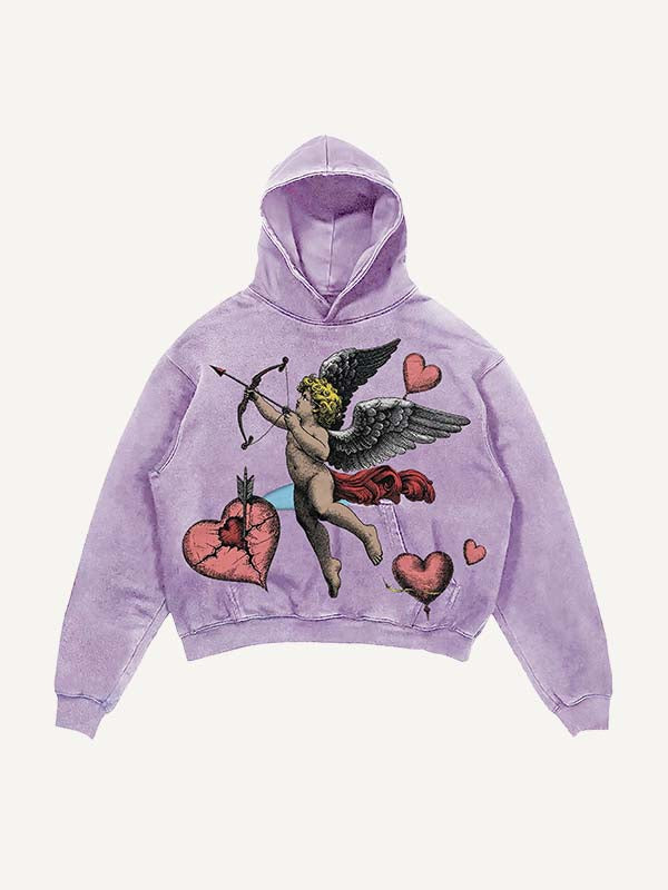 Sudadera con capucha y bolsillos inclinados con estampado de Cupido y Corazón desgastado y lavado 
