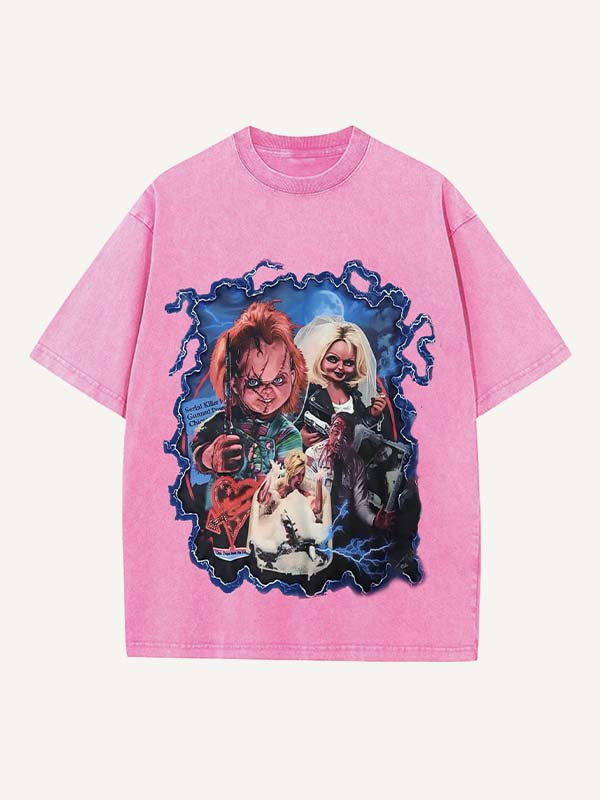 Camiseta de cuello redondo con estampado de terror desgastado y lavado 