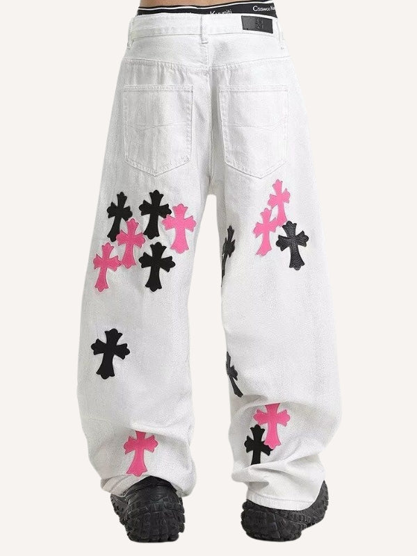 Cross Patch Embroidered Straight Jeans