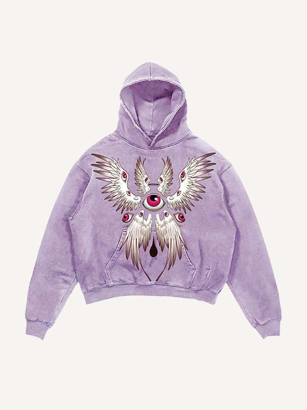 Sudadera con capucha y bolsillos inclinados con estampado gráfico de alas y ojos desgastados