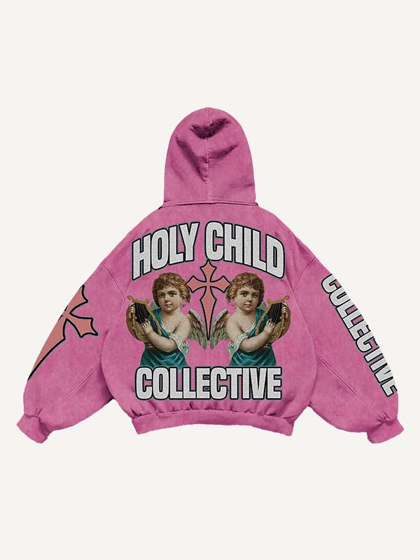 Cupid&Letter&Cross Print Slant Pockets Hoodie