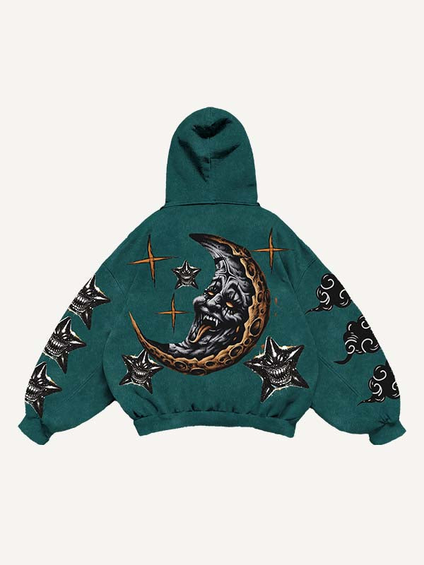 Sudadera con capucha y bolsillos inclinados con estampado de luna, sol, nubes y estrellas malvadas 