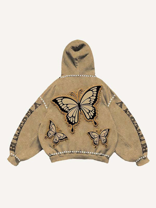Sudadera con capucha y bolsillos inclinados con estampado de mariposas y letras 