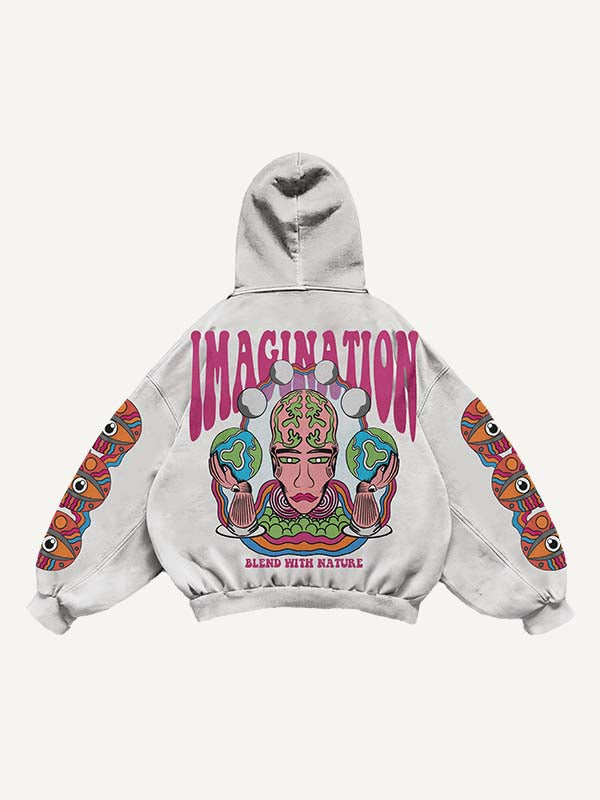 Sudadera con capucha y bolsillos inclinados con estampado de figuras, globos oculares, globos terráqueos y letras 