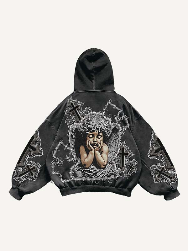 Sudadera con capucha y bolsillos inclinados con estampado de cruz, ángel, alas y letras 