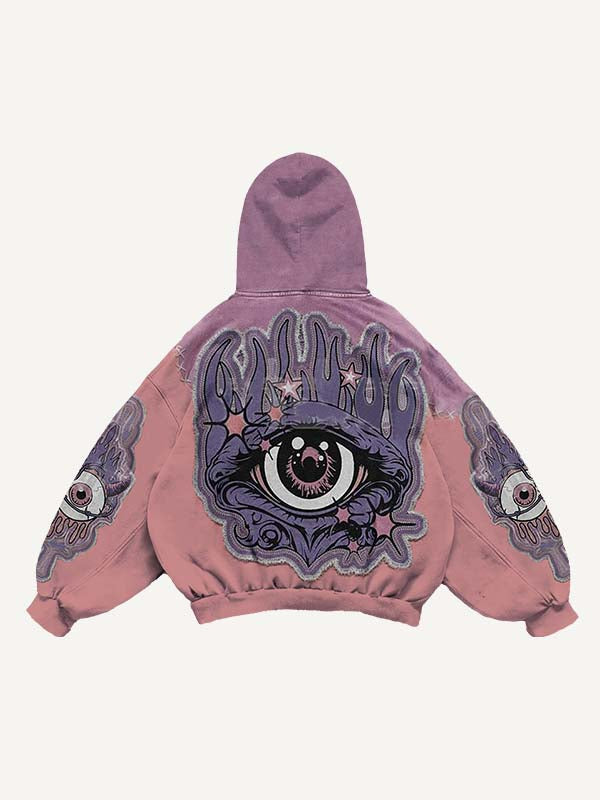 Sudadera con capucha y bolsillos inclinados con estampado de ojo de demonio y globo ocular en bloques de color 