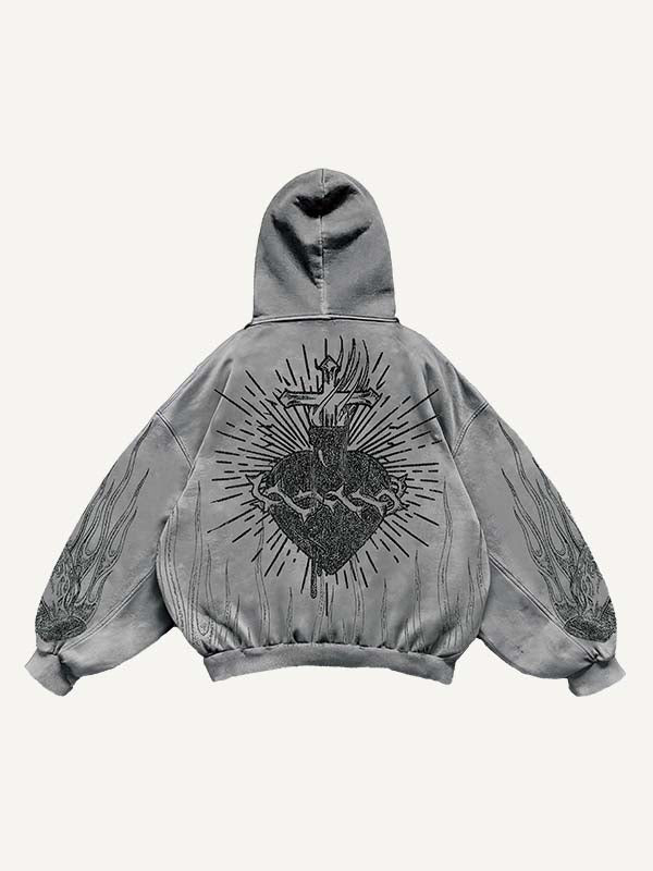 Heart&Pray&Cross&Fire Print Slant Pockets Hoodie
