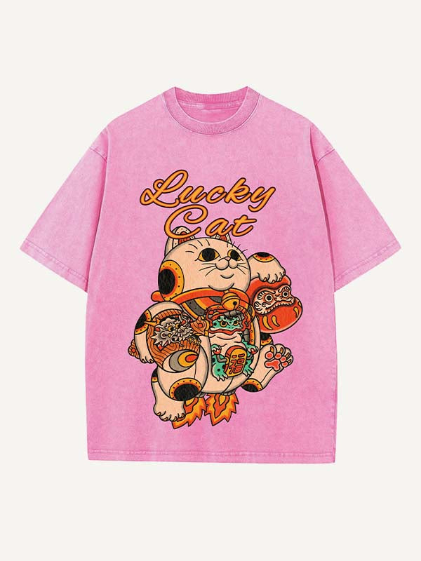 Camiseta de cuello redondo con estampado desgastado de gato, dragón, animal y gráfico 