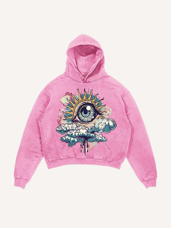 Sudadera con capucha y bolsillos inclinados con estampado gráfico de ojos, nubes y luna desgastados 