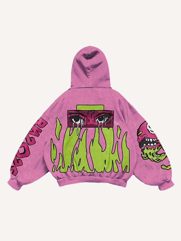 Sudadera con capucha y bolsillos inclinados con estampado de globo ocular, calavera, estrella, lengua, fuego y letras 