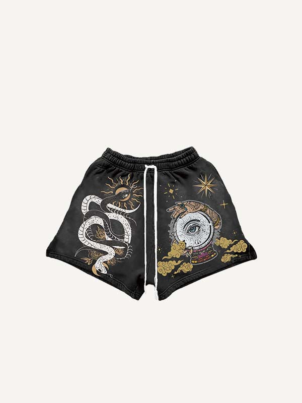 Shorts con cintura con cordón y estampado gráfico de ojos, nubes, serpientes y palmeras 