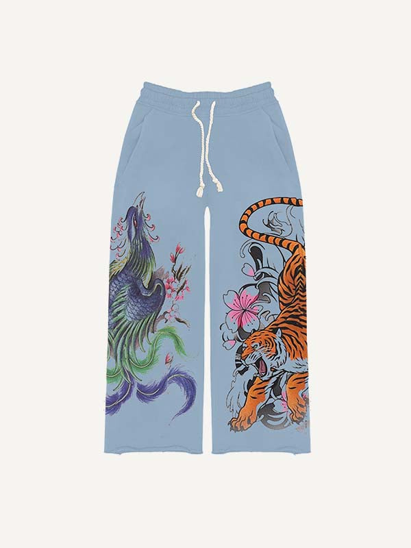 Pantalones con cordón en la cintura y estampado de dragón, tigre y fénix