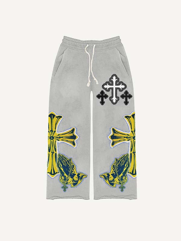 Pantalones con cintura elástica y estampado de calcomanías falsas de Figure&amp;Pray&amp;Cross 