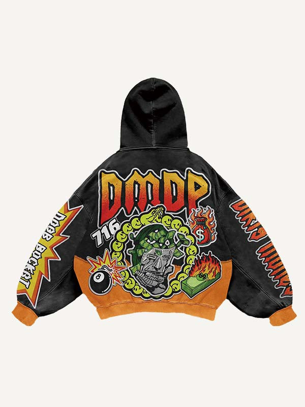 Sudadera con capucha y bolsillos inclinados con estampado de letras, gráficos y calcomanías falsas en bloques de color, fuego y dinero 