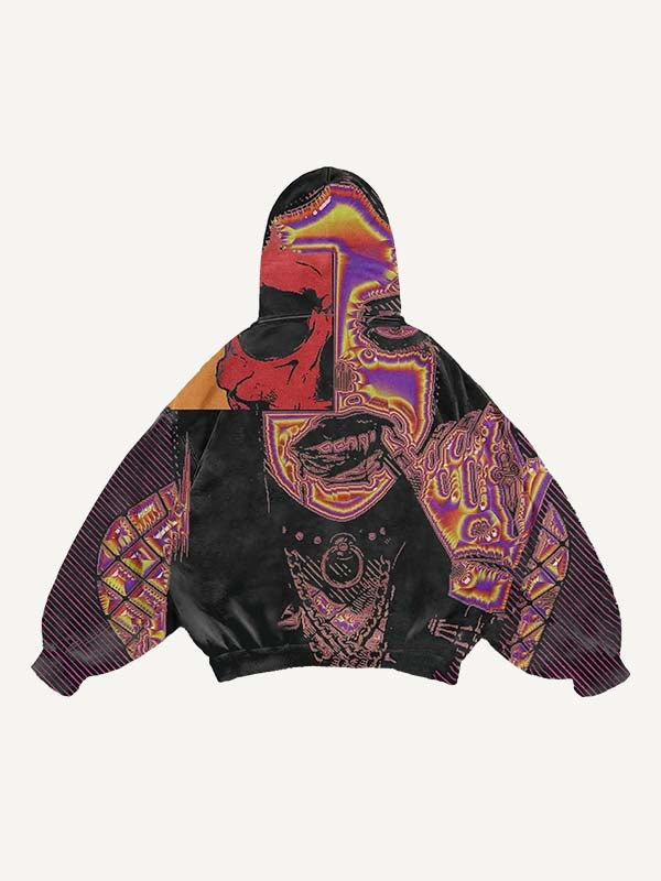 Sudadera con capucha, bolsillos inclinados, estampado de calaveras y figuras con rayas en bloques de color 