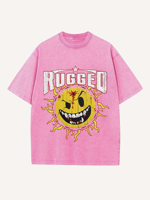 Camiseta de cuello redondo con estampado de letras y sol malvado desgastado y lavado 