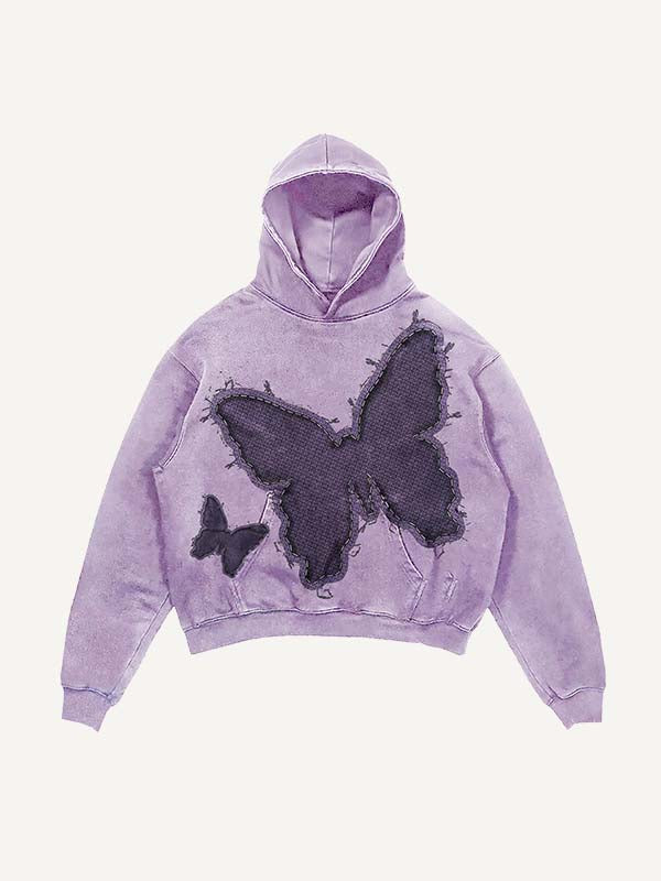 Sudadera con capucha y bolsillos inclinados con estampado de mariposas lavadas y desgastadas