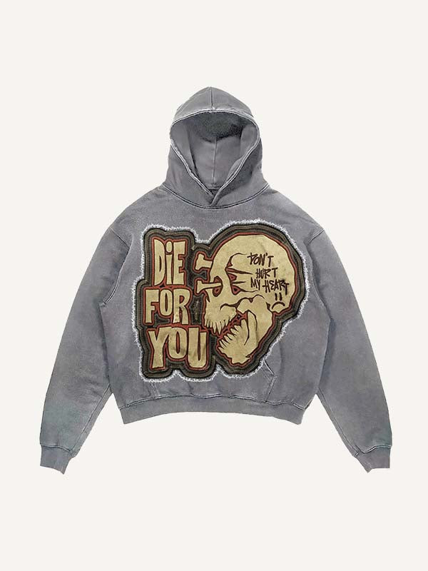 Sudadera con capucha desgastada, lavado y con estampado de calavera falsa "Die For You" y bolsillos inclinados 