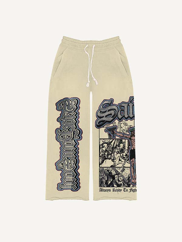 Figure&Gun&Letter Faux Decal Print Elastic Waist Pants
