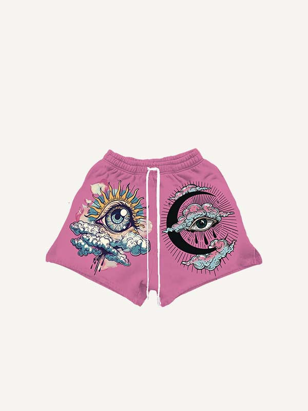 Shorts con cintura con cordón y estampado gráfico de ojos, nubes y luna