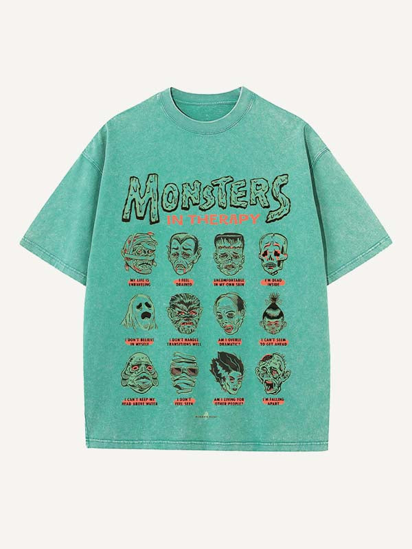 Camiseta de cuello redondo con estampado de terror de Halloween desgastado y lavado