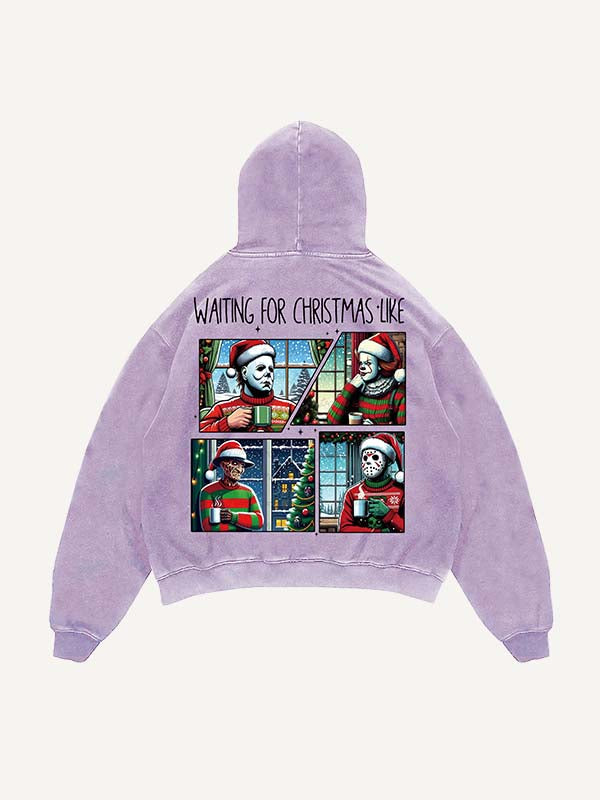 Sudadera con capucha y bolsillos inclinados con estampado de terror navideño desgastado y lavado