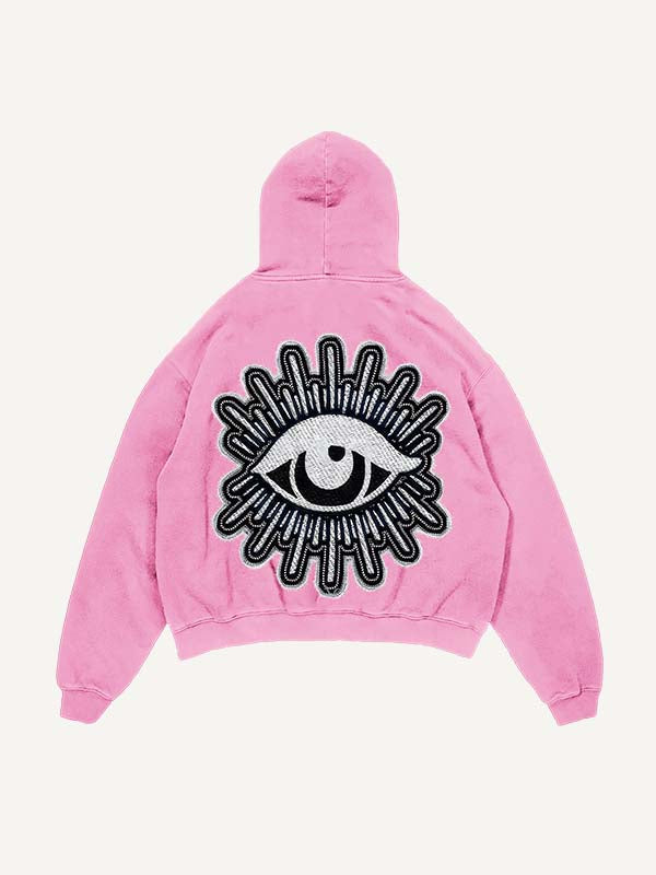 Sudadera con capucha y bolsillos inclinados con estampado de calcomanías falsas de luna, estrellas y ojos desgastados y lavados 