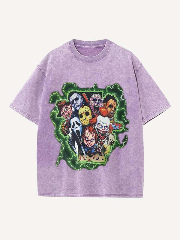 Camiseta de cuello redondo con estampado de terror desgastado y lavado 